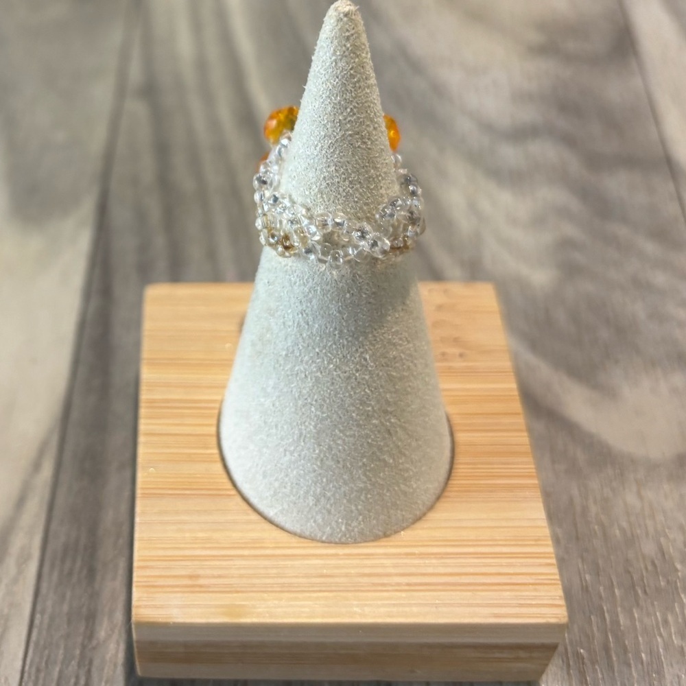 Crystal Beaded Floral Ring with Orange/Yellow and Silver Details! Hand made. - Picture 5 of 5